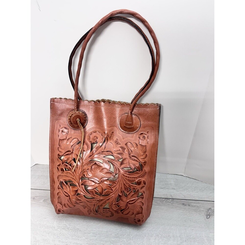 Patricia Nash Tooled Brown Floral Tote Bag with Braided & Gold Accents